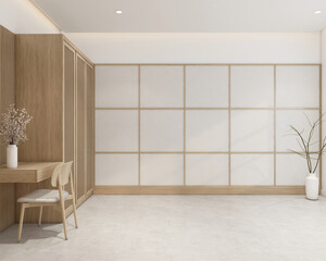 Wall Mural - Modern japan style empty room decorated with white cloth wall and white vase flowers, wood wardrobe and dressing table. 3d rendering