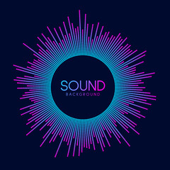 Poster - Circle sound wave visualization. Pixelated music player equalizer. Radial audio signal or vibration element. Voice recognition. Neon colors epicenter, target, radar, radio icon concept. Vector
