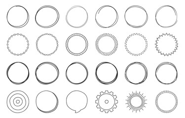 set of hand drawn circles, round shapes and objects, doodle style