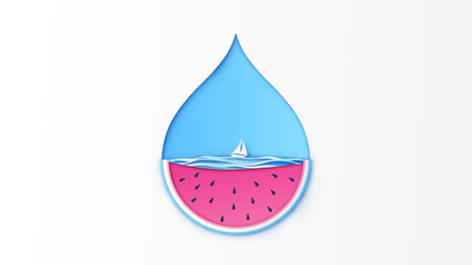 Wall Mural - Abstract of summer sea design in the shape of watermelon slice and drop water. Water Drop of watermelon in summer. paper cut and craft style. vector, illustration.