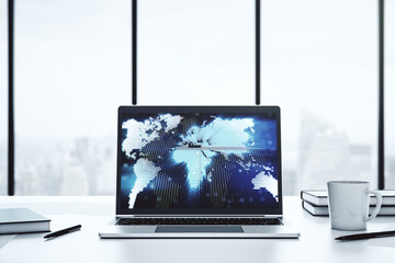 Leinwandbilder - Modern computer monitor with abstract digital world map, research and strategy concept. 3D Rendering