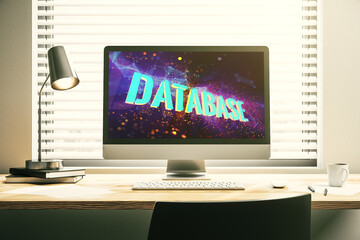 Poster - Modern computer screen with Database word sign, global research and analytics concept. 3D Rendering
