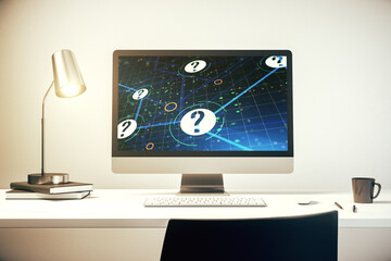 Aufkleber - Creative abstract question mark sketch on modern laptop monitor, FAQ and research concept. 3D Rendering