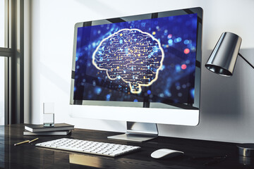 Aufkleber - Modern computer display with creative human brain microcircuit. Future technology and AI concept. 3D Rendering