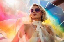 Beautiful Blonde Woman And Neon Colored Sun Shadow Marquee On A Pastel Beach. Summer Time With Neon Pink Blue Turquoise Color With Sun Rays And Sunshine. Generated AI.
