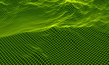 3D Abstract Grid Neon Topography. Gradient Green Mesh Terrain.