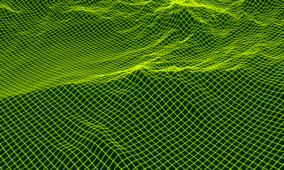 3D abstract grid neon topography. Gradient green mesh terrain.