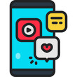 Social media with video on mobile phone filled outline icons. Vector illustration. Isolated icon suitable for web, infographics, interface and apps.
