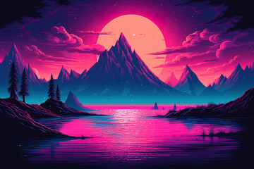 Poster - Retrowave mountain landscape