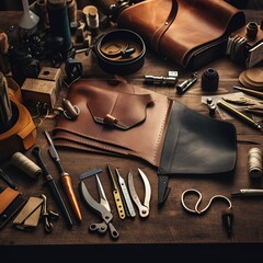 Leather craft or leather working. Selected pieces of beautifully colored or tanned leather on leather craftman's work desk ai generated