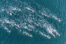 Aerial View Of Athletes At Open Water Sea Swimming Competitions