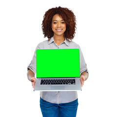 Portrait of happy woman with laptop, green screen and website info isolated on transparent png background. Smile, African model and computer with chromakey for logo, information or app presentation.