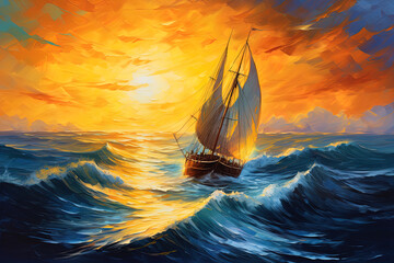 Wall Mural - oil paint, sailboat boat at sunset on the ocean