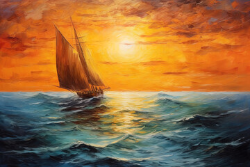 Wall Mural - oil paint, sailboat boat at sunset on the ocean