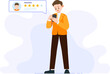 Businessman pressing smartphone with four stars rating. Young Man satisfied customers give rating stars on smartphones.