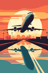 Vector vacation retro style poster with airplane taking off from the airport at the sunset