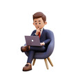 3d male character sitting on a sofa and working on a laptop with thinking pose