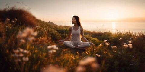 Wall Mural - A woman is sitting in a field of flowers. Generative AI.