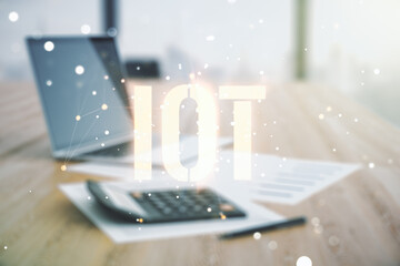 Poster - Abstract virtual IOT hologram on calculator and laptop background. Multiexposure