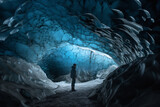 Fototapeta  - Ice cave landscape with a man standing in the ice cave
