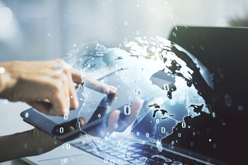 Aufkleber - Abstract creative coding illustration with world map and finger clicks on a digital tablet on background, international software development concept. Multiexposure