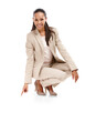 Business woman, crouch and pointing down, direction and advertising with signage isolated on transparent png background. Sign, show and corporate branding with female employee, portrait and smile