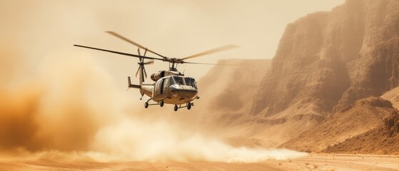 Military helicopter flies over a desert landscape. Generative AI