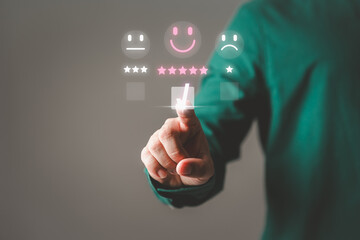 Poster - Man touching the virtual screen on the smile face icon and five stars to give satisfaction in service. Opinion rating very impressed. Assessment testimonial customer service and feedback concept.