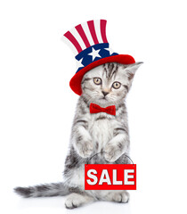 Poster - Cute kitten wearing like Uncle Sam holds signboard with labeled 