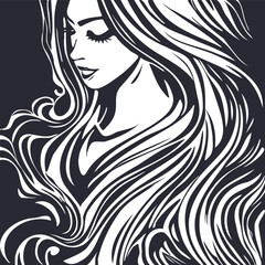 Wall Mural - Vector graphic monochrome portrait of a beautiful shy modest girl with flowing gorgeous hair. Square sticker or icon.