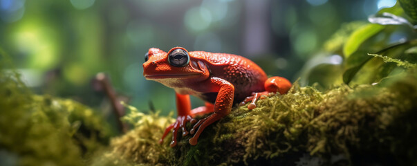 Wall Mural - Red frog on a black background. Red frog on a dark background, close up (AI generated)