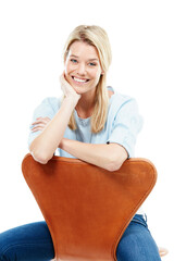 Wall Mural - Portrait, smile and blonde woman on chair isolated on a transparent png background. Style, fashion and female person sitting on seat with casual clothes, fashionable outfit and trendy jeans in Sweden