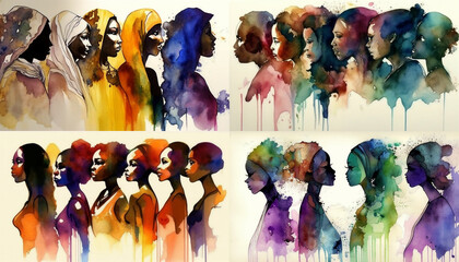 african american, multiple women, cultural watercolour abstract wall art