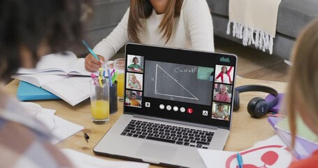 Poster - diverse students using laptop for video call with diverse schoolchildren and teacher