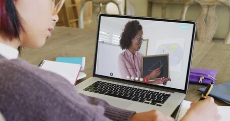 Sticker - Asian female student using laptop for online lesson with african american teacher on screen