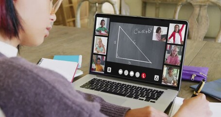 Poster - Asian female student using laptop for online lesson with diverse students and teacher