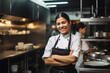 © Cavan Images - Portrait of latin female chef at restaurant kitchen. Generative AI., Generative AI