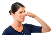 Holding nose, disgust or portrait of woman bad smell or odor isolated on transparent png background. Face, bad breath or girl with gross, smelly or disgusted expression for stink, scent or aroma