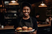 Happy african waitress holding burgers at restaurant. Generative AI., Generative AI