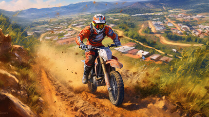 Wall Mural - Moto racer on the motocross motorcycle riding on high speed at the dirt road. Generative art