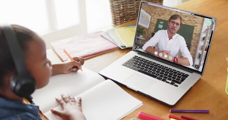 Poster - African american girl using laptop for online lesson with caucasian male teacher on screen
