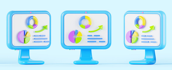 Poster - computer monitor icons with pie charts and growth graphs front and side view. cartoon 3d render roun