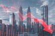 Real estate market and commercial property crisis concept with red falling graph with arraw and cityscape on background, double exposure
