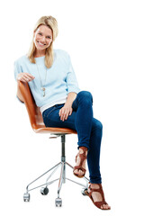 Wall Mural - Portrait, fashion and blonde woman on chair isolated on a transparent png background. Style, smile and female person sitting on seat with casual clothes, fashionable outfit and trendy jeans in Sweden