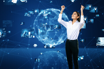 Poster - Connecting businesspeople, video conference concept. Attractive happy young european businesswoman with abstract blue globe with polygonal mesh and images on blurry background.