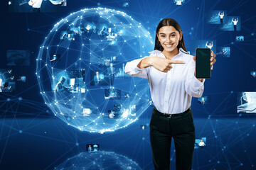 Poster - connecting businesspeople, video conference concept. attractive happy young european businesswoman p