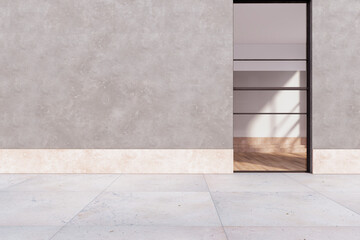 Poster - Luxury glass showcase in concrete building exterior with mock up place on wall. Shop and retail concept. 3D Rendering.