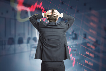 Poster - Inflation, economy recession and crisis concept with confused trader back view looking at digital falling down red financial chart candlestick and diagram on background, double exposure