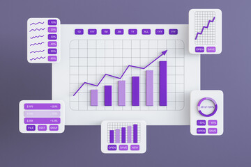 Leinwandbilder - Stats data and digital marketing concept with front view on white graphic window cards with purple project statistics, growing sales charts and finance reports on abstract background. 3D rendering