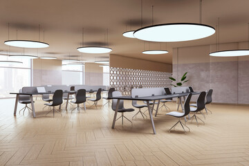 Poster - Perspective view of open space office coworking interior with comfortable workplaces, long desk with laptops, wooden floor, grey walls, and window with city view. Modern workspace design. 3D Rendering